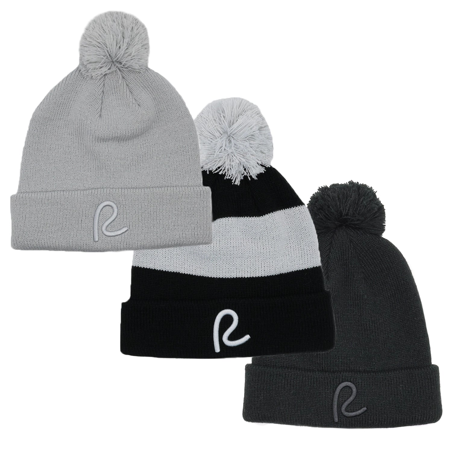 Rewired Bobble Hat Triple Pack - Grey/Striped/Black