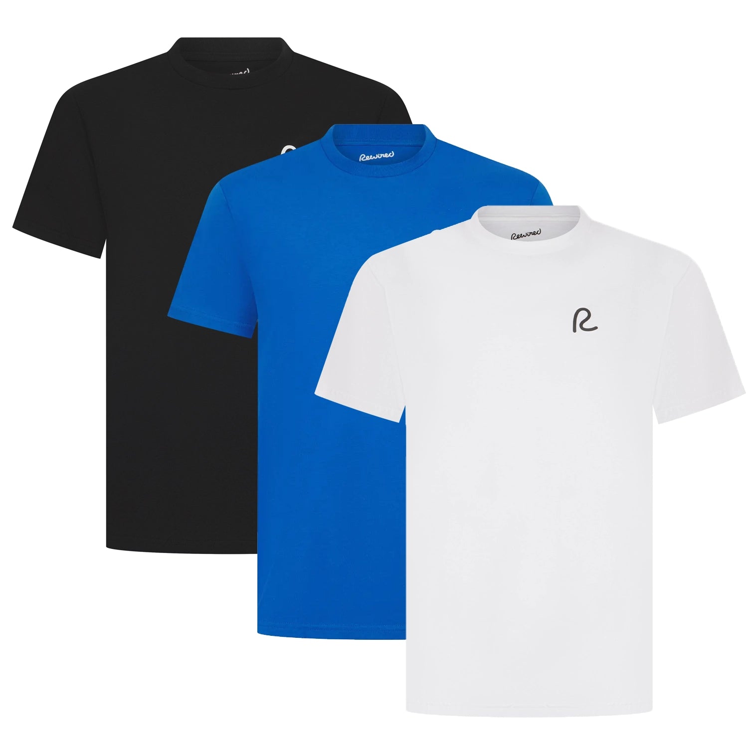 Three t-shirts in black, royal blue, and white with R brand logo on a white background