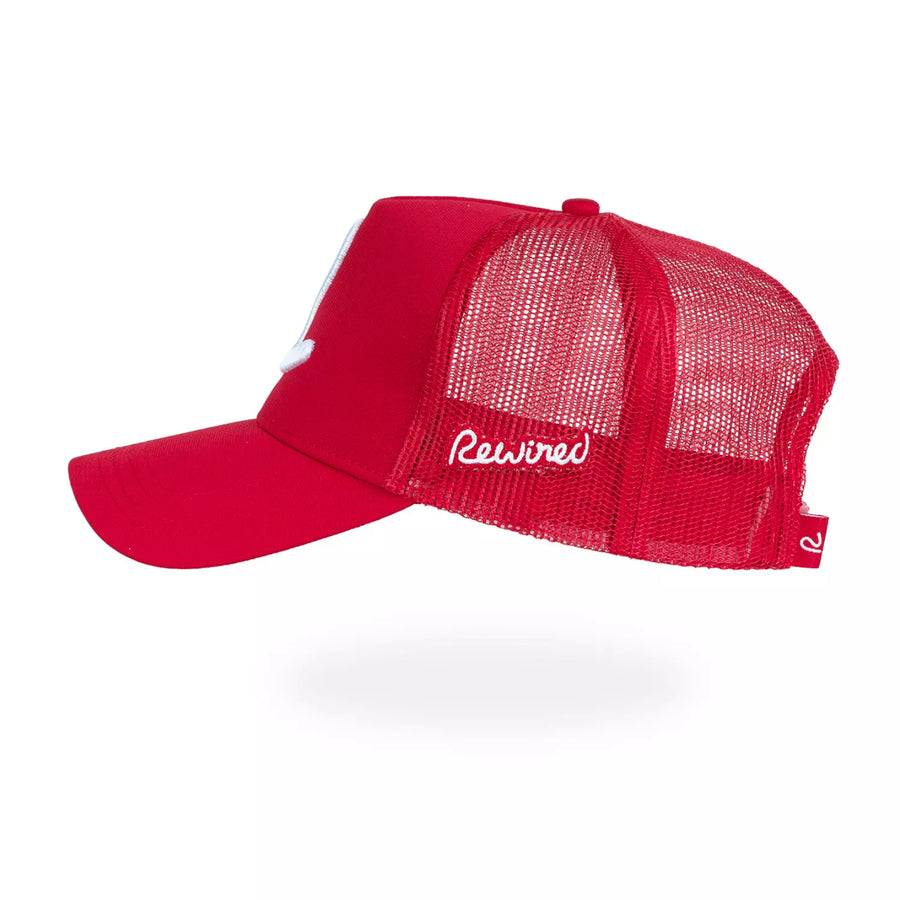 Rewired R Trucker Cap - Red/White - Side View With White Rewired Side Script Logo