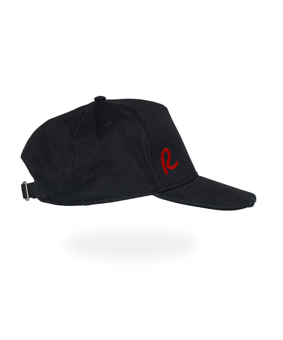 Distressed R Baseball Cap- Black/ Red